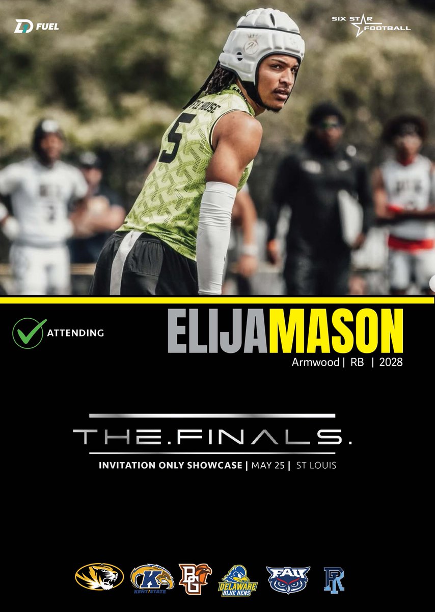 TheFINALS  |  Elija Mason

5’11, 181   |  RB   |  2026   |  Armwood (FL) |  <a href="/emason813/">3⭐ Elija “EM9” Mason</a>

⭐ Excited to announce rising D1 prospect Elija Mason will be attending TheFINALS!

⭐Picked up offer from Mizzou adding to a list of D1 offers from Western Michigan, Bowling Green, Florida