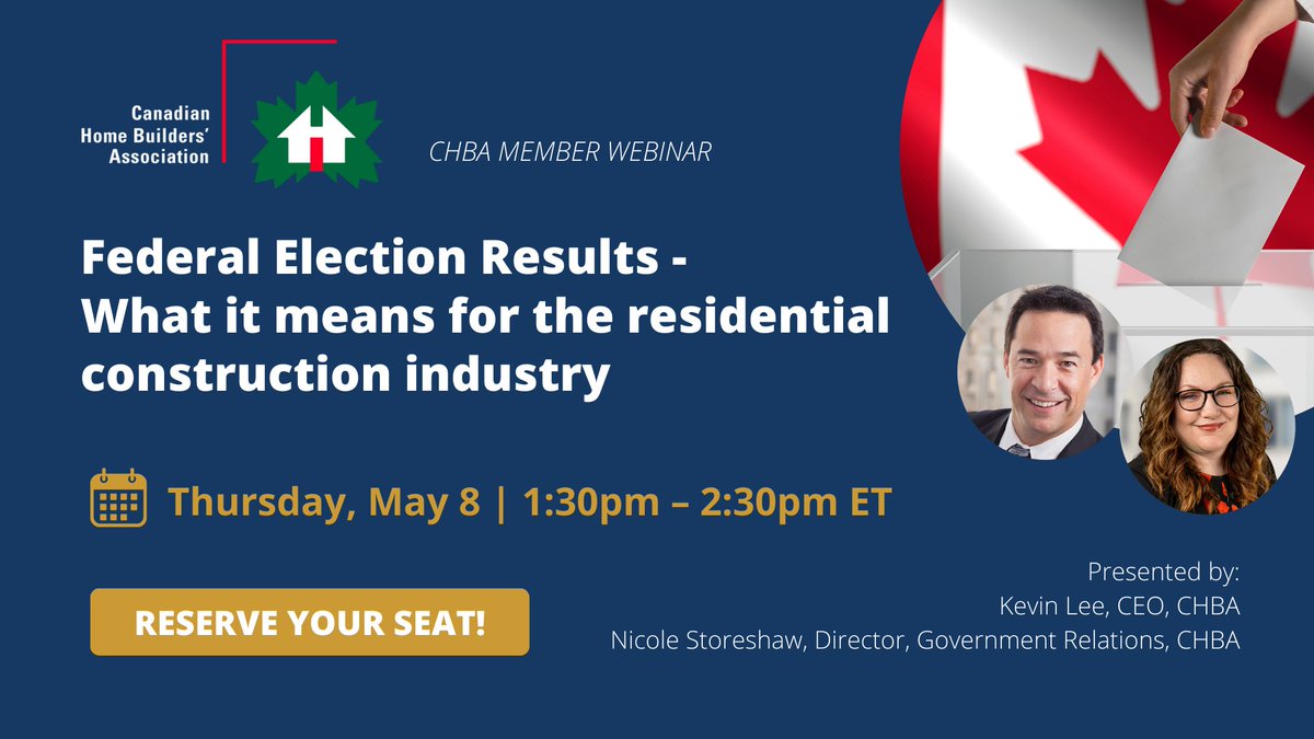 NEW 🚨 CHBA members, join CHBA CEO Kevin Lee and Government Relations Director Nicole Storeshaw in a post-election webinar on May 8 as they review the results of 2025 Federal Election, what it means for your business, and how CHBA will be proceed on your behalf. 

Register: