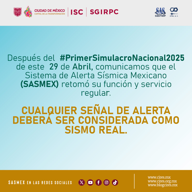 SASMEX's tweet photo. Continuamos transmisión de mensajes de manera normal.
Gracias por participar en el #PrimerSimulacroNacional2025
Cualquier señal de alerta deberá ser considerada como sismo real.

¡Prevenir es vivir! https://t.co/5CX5Zsl2PX
