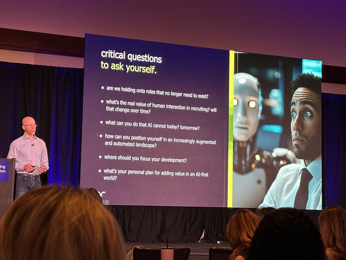 Compelling session by ⁦<a href="/GlenCathey/">🇬 🇱 🇪 🇳</a>. Co’s must decide…how much do we want to automate vs augment? ⁩Profit vs people? 

#EREInnovate #recruiting