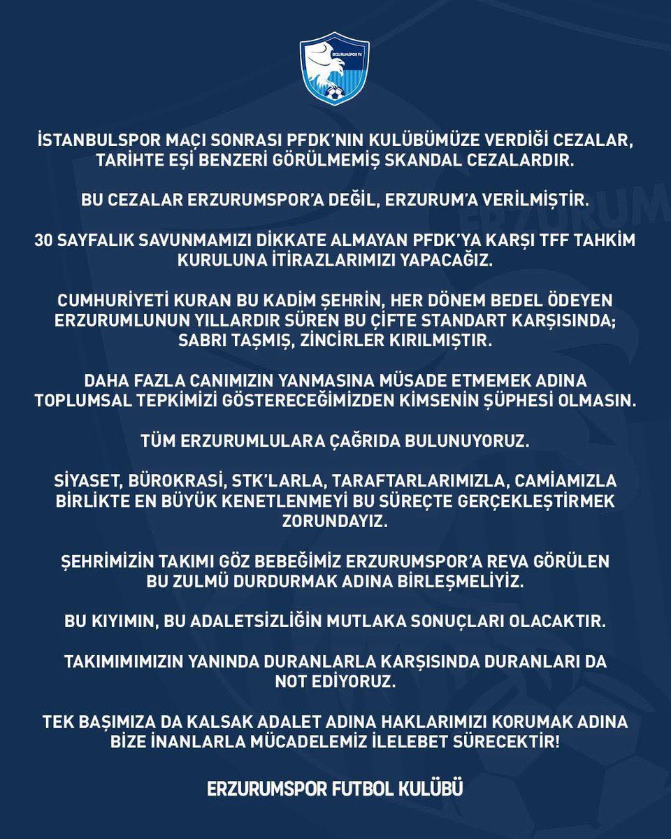 Erzurumspor’a verilen cezalar adalet değil, zulümdür!
Sahada bileğini bükemediniz, masa başında pusu kurdunuz.
Tff' nin kararları adaletin yüz karasıdır!
Bizim alın terimizi, emeğimizi masa oyunlarına yedirmeyiz!
Erzurumspor’un hakkını gasp edeni, tarih de, vicdan da affetmez.