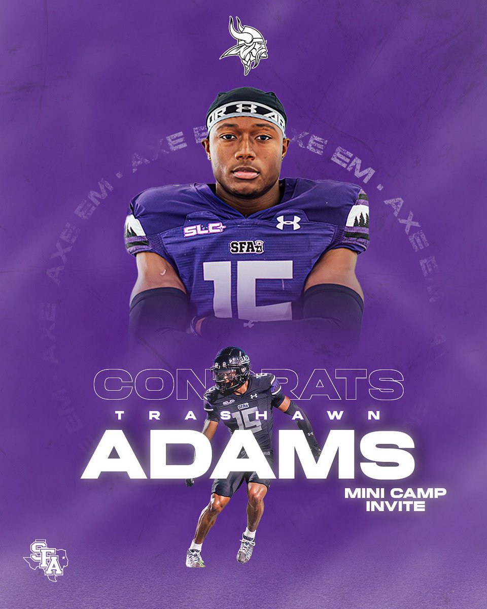 Lumberjack Football (@sfa_football) on Twitter photo Sticking with 🟣
<a href="/AdamsTrashawn/">Trashawn Adams</a> has received a rookie mini camp invite with the Minnesota Vikings!
#AxeEm x #EastTexasTough Sticking with 🟣
<a href="/AdamsTrashawn/">Trashawn Adams</a> has received a rookie mini camp invite with the Minnesota Vikings!
#AxeEm x #EastTexasTough