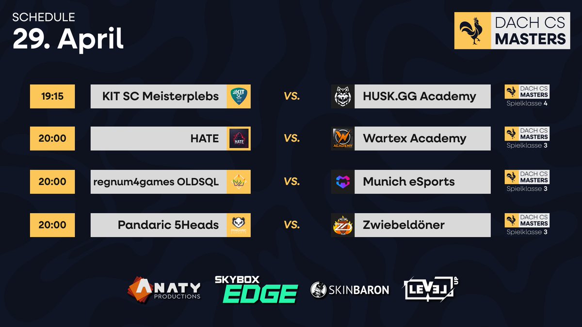 DACH CS Masters (@dachcs) on Twitter photo Zur Abwechslung haben wir heute mal wieder die Spielklassen 3+ mit ein paar spannenden Matchups für euch! 👀
KIT SC Meisterplebs 🆚 <a href="/HuskJuelichgg/">Huskies eSport Jülich e.V.</a> Academy
🕖 19:15 Uhr
📺 twitch.tv/racoondogslive
HATE 🆚 <a href="/wartexESPORTS/">Wartex eSports</a> Academy
🕗 20:00 Uhr
📺 twitch.tv/NichtAven Zur Abwechslung haben wir heute mal wieder die Spielklassen 3+ mit ein paar spannenden Matchups für euch! 👀
KIT SC Meisterplebs 🆚 <a href="/HuskJuelichgg/">Huskies eSport Jülich e.V.</a> Academy
🕖 19:15 Uhr
📺 twitch.tv/racoondogslive
HATE 🆚 <a href="/wartexESPORTS/">Wartex eSports</a> Academy
🕗 20:00 Uhr
📺 twitch.tv/NichtAven