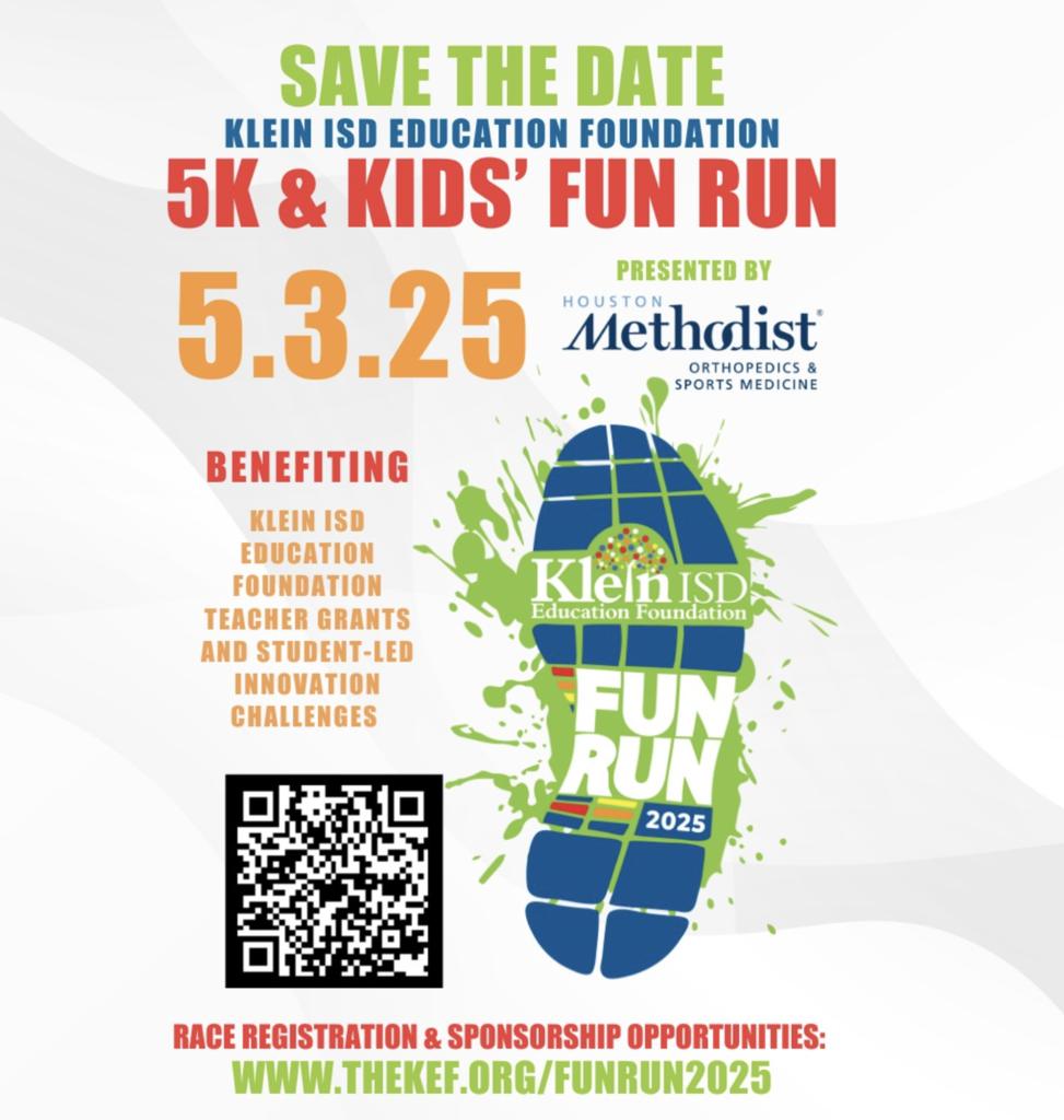 🏃‍♀️🎉 Lace up for a cause! Join the 7th Annual KEF 5K &amp; Kids' Fun Run on Sat, May 3 at 7:30 AM at Klein Memorial Stadium! Support Klein ISD students &amp; teachers. Sign up or sponsor: thekef.org/funrun2025 #KEF5K #KleinISD 💙