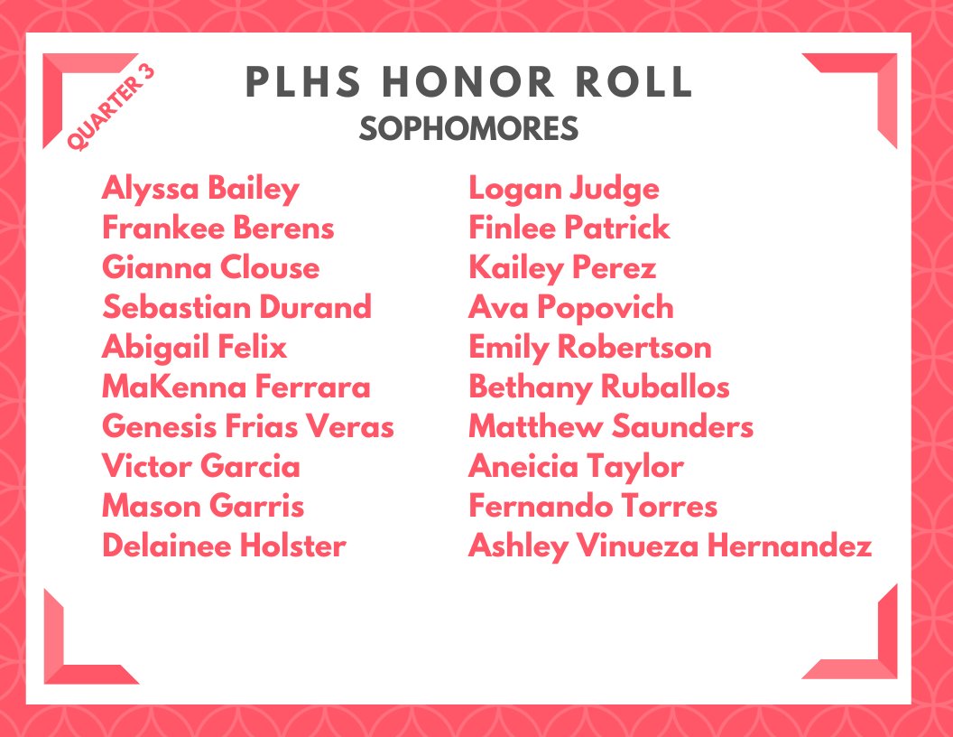 PLHS is proud to recognize these hard-working students who achieved honor roll during the third quarter of the 2024-2025 school year!