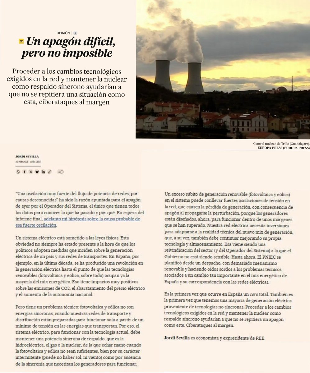 PacoCastanares's tweet image. El que fuera Presidente de Red Eléctrica, Jordi Sevilla, tiene claras las causas del #apagón y las explica en este artículo:

“Un exceso súbito de generación renovable (fotovoltaica y eólica) en el sistema puede conllevar fuertes oscilaciones de tensión en la red, que causen la…