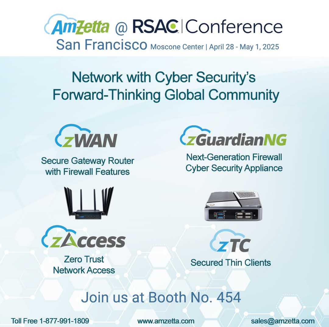 AmZettaTech's tweet image. 🌐 Network with cybersecurity’s forward-thinking global community at @RSAConference 2025 — then come meet the @AmZettaTech team in person!

 📌 Booth #454 | South Expo

📍 Moscone Center, San Francisco, CA

 🗓️ April 28 – May 1, 2025

#AmZetta #RSAC #RSAC2025 #SDWAN