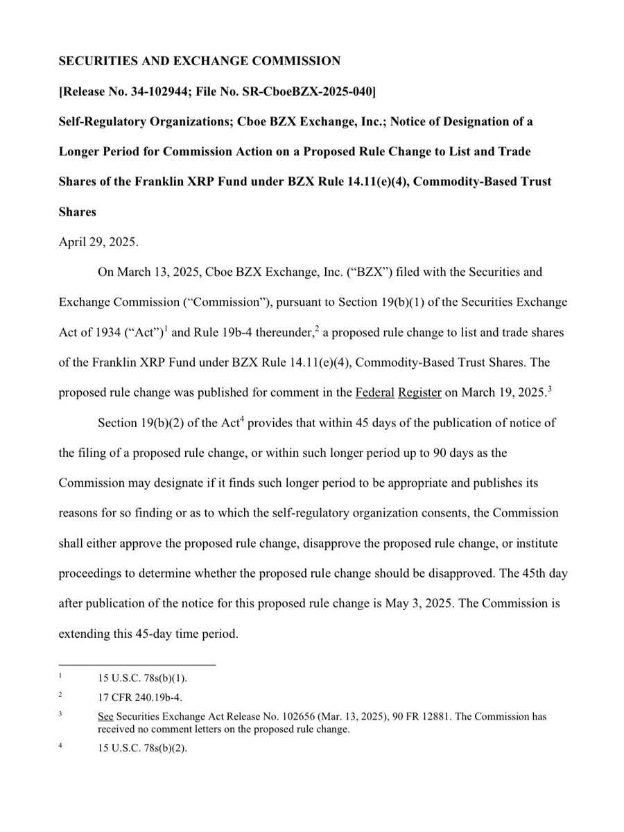 Eleanor Terrett (@eleanorterrett) on Twitter photo 🚨NEW: The <a href="/SECGov/">U.S. Securities and Exchange Commission</a> has delayed making a decision on Franklin Templeton’s $XRP spot ETF until June 17.
sec.gov/files/rules/sr… 🚨NEW: The <a href="/SECGov/">U.S. Securities and Exchange Commission</a> has delayed making a decision on Franklin Templeton’s $XRP spot ETF until June 17.
sec.gov/files/rules/sr…