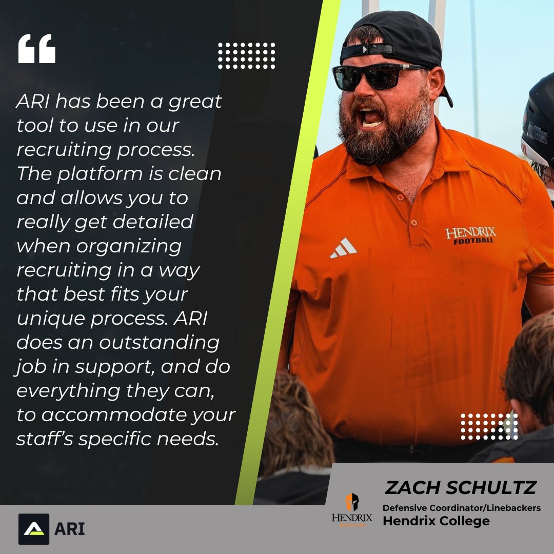 ARI Athletics (@_ariathletics) on Twitter photo Partner Spotlight: <a href="/CoachSchultz_DC/">Coach Schultz</a> from <a href="/HendrixFootball/">#WeAreWarriors</a> / <a href="/HendrixWarriors/">Hendrix Warriors</a>
"ARI does an outstanding job in support, and do everything they can to accommodate your staff's specific needs." Partner Spotlight: <a href="/CoachSchultz_DC/">Coach Schultz</a> from <a href="/HendrixFootball/">#WeAreWarriors</a> / <a href="/HendrixWarriors/">Hendrix Warriors</a>
"ARI does an outstanding job in support, and do everything they can to accommodate your staff's specific needs."