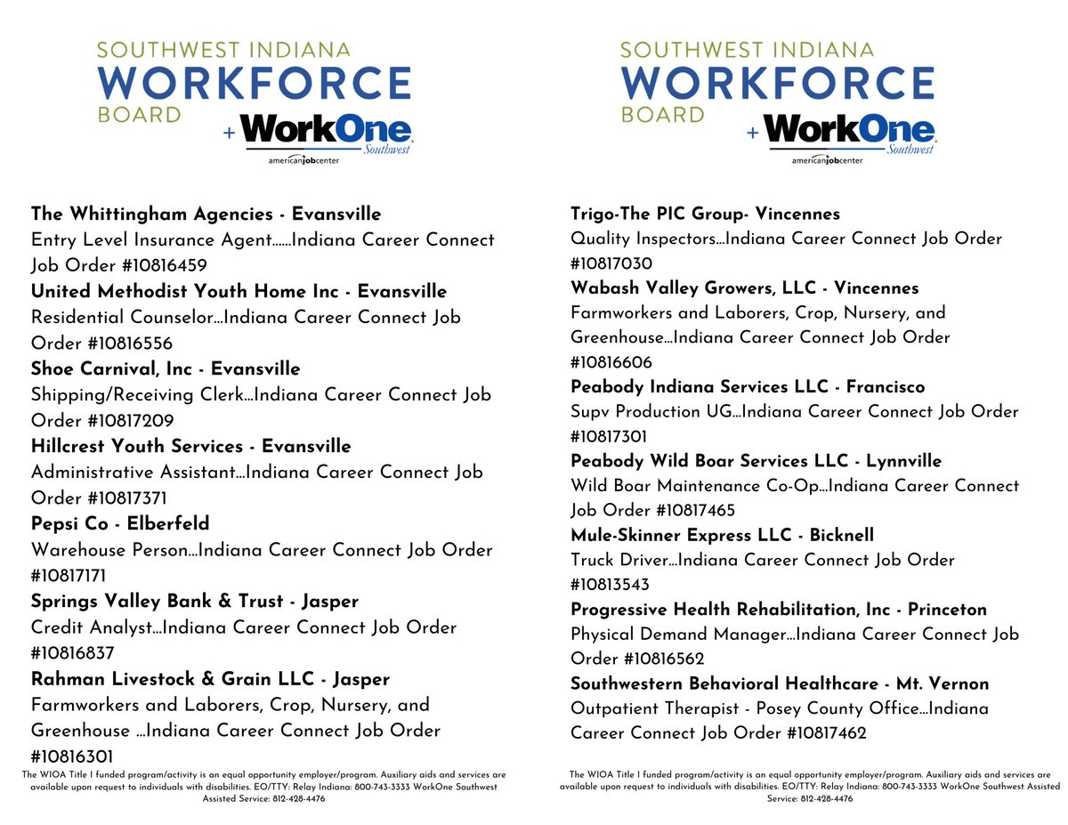 Find the weekly WorkOne Southwest job listings below. Stop by the office to receive free help with your resume and application! We look forward to seeing you soon!