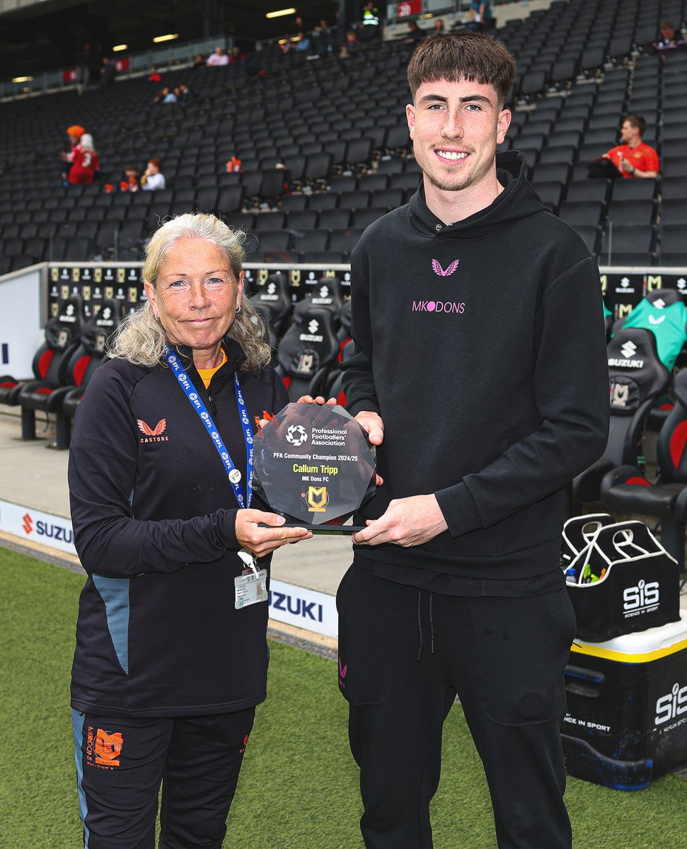 A proud moment for our own Callum Tripp! 👏

Callum has been named MK Dons’ <a href="/PFA/">PFA</a> Community Champion for the 2024/25 season, recognising his ongoing support and dedication to the work of the @MKDonsSET 🤍

Well deserved, Trippy! 🏆

#COYD