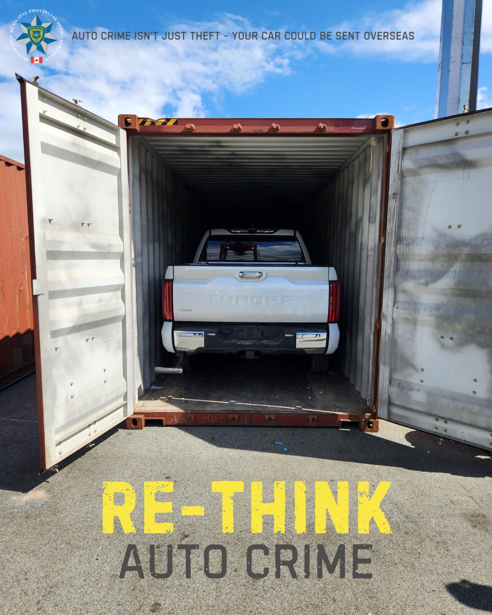 Stolen cars are being loaded into containers and shipped overseas...fast.

Auto crime is organized and high-tech.
It’s time to RETHINK how we protect our vehicles.

#RethinkAutoCrime #IMPACTBC #VehicleTheft #AutoCrimeEnforcementMonth