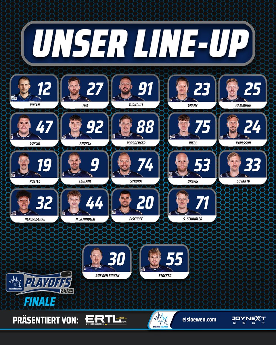 Ein letzter Tanz, ein letztes Mal alles geben, ein letztes Mal kämpfen - 60 Minuten oder mehr! Spiel 7 in Ravensburg gehen wir mit dieser Aufstellung an.

#EislöwenRudel #DresdnerEislöwen #RVTvsDRE