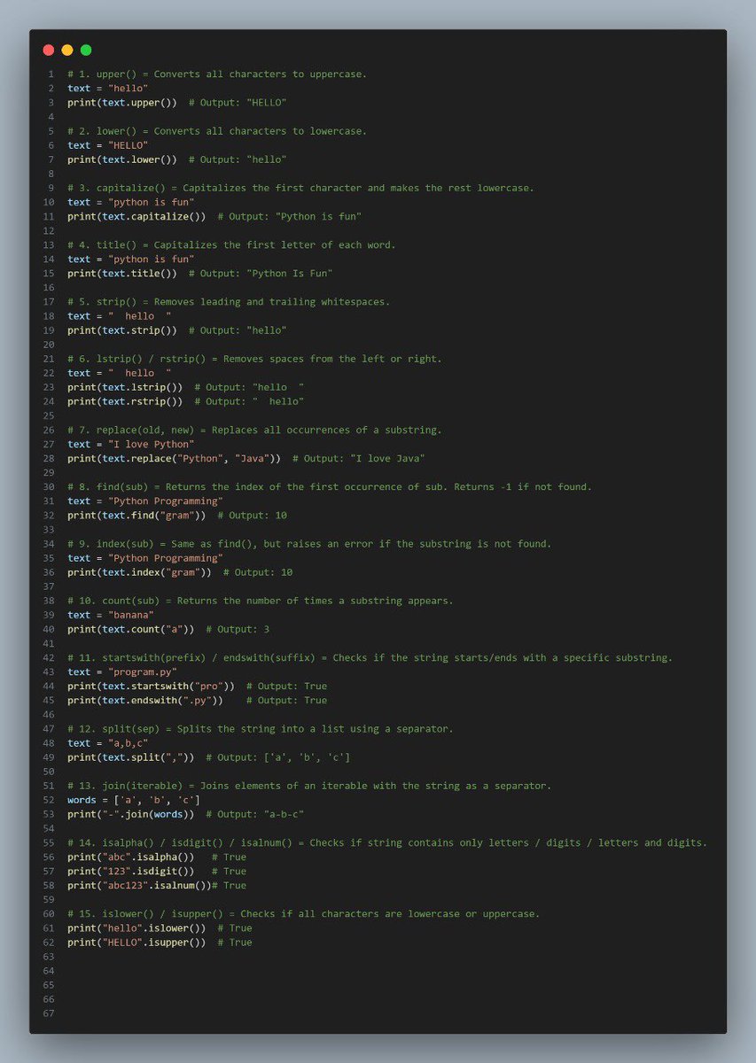 Pythonic_Sumit's tweet image. Day - 18

Today I learned about Python String Methods!
String methods are built-in functions that help us perform operations on strings like modifying, searching, or formatting them.
#Python #Database #対岸の家事 #PortugalBlackout #ThunderboltsTHxLove #CharlotteTilbury #apagon