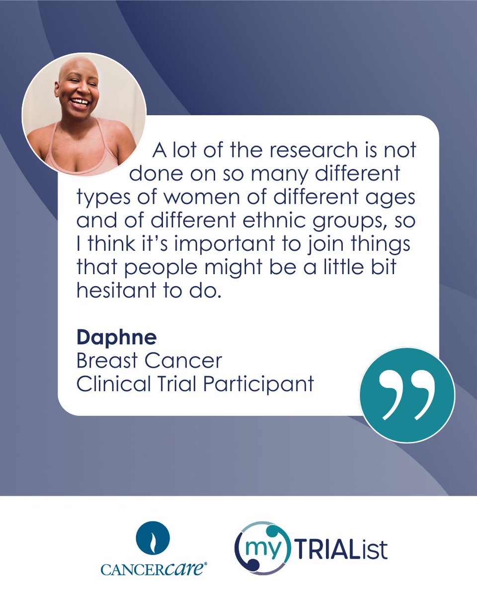 myTRIAList's tweet image. When she decided to participate in a breast cancer clinical trial, Daphne considered the importance of diverse representation in clinical trials and how it can progress cancer research. Learn more at mytrialist.org/trial-talk/dap….
#NationalMinorityHealthMonth @CancerCare