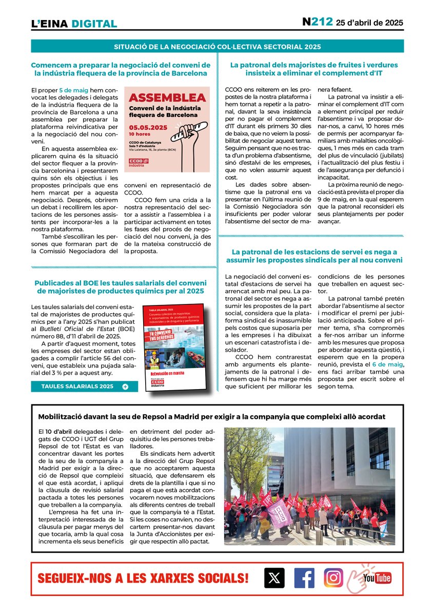 A l'últim #EinaDigital t'expliquem:

❌ sense avenços en els convenis de majoristes de fruites i verdures de BCN i estacions de servei
🗣️ 5 maig: assemblea #ConveniFlequesBCN 
💶 Taules salarials 2025 dels majoristes de productes químics

Llegeix-la 👇
ccoo.cat/wp-content/upl…