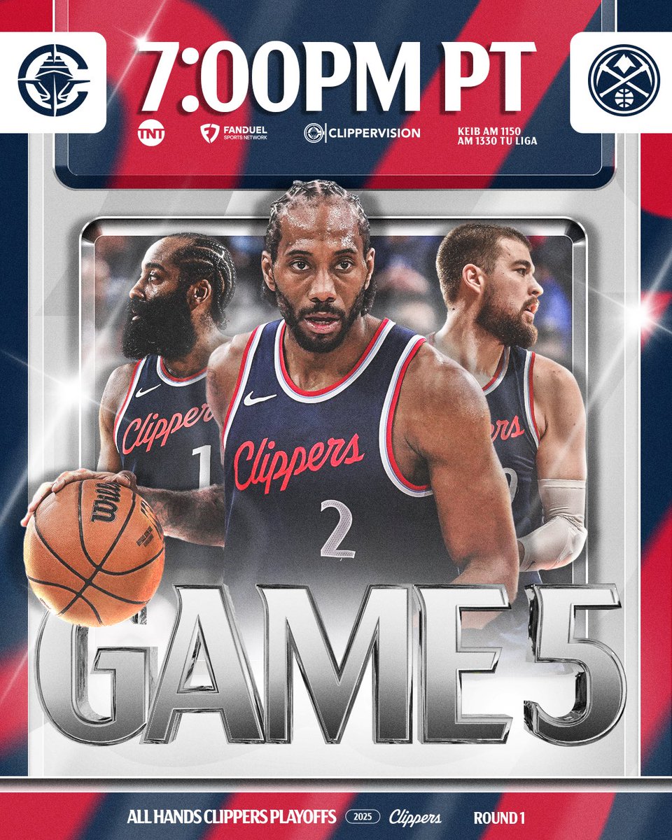 LAClippers's tweet image. GAME FIVE. 

🕖 7:00PM PT
🆚 @nuggets 
📺 @NBAonTNT, @FanDuelSN_West, @Clipper_Vision 
📻 KEIB AM 1150, @TuLigaRadio