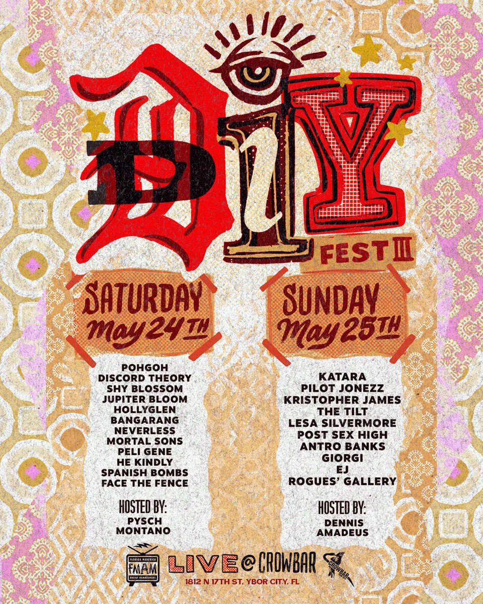 STOKED TO PLAY THIS YEAR'S DIY FEST AT <a href="/CROWBARLIVE/">CROWBAR</a> ~ TIX: tinyurl.com/DIYFEST2025

SATURDAY MAY 24TH:
Pohgoh @pohgohfl
Discord Theory <a href="/discordtheory/">john doe</a>
Shy Blossom @shyblossom_official
Jupiter Bloom @jupiterbloomband
Hollyglen @hollyglenband
Bangarang <a href="/bangarangtampa/">Bangarang</a>
Neverless