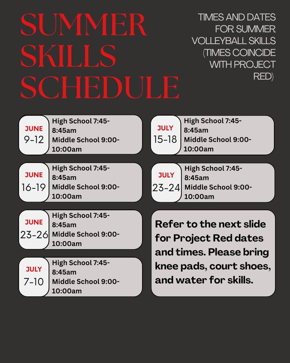 BengalVball's tweet photo. Summer Skills schedule! As we prepare for season, we strongly encourage attendance at both project red and skills if you’re able.

Be there or be 🟥 !

#braswellvolleyball https://t.co/ORHSvEVPbM