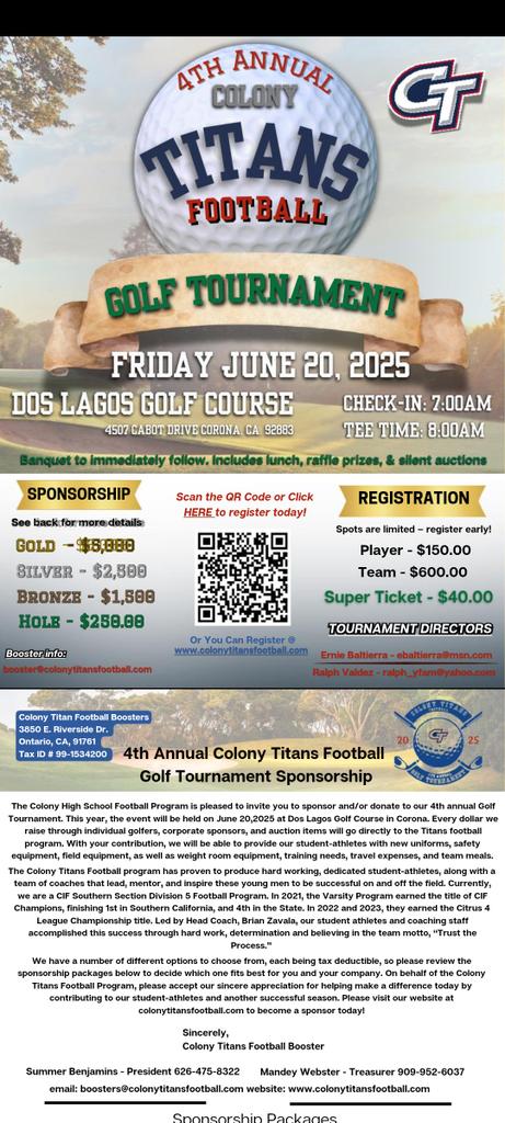 Coach Zavala (@coachzavala58) on Twitter photo We are excited to host our Annual Colony Alumni Golf Tournament. Come out and show your support while playing in an competitive and fun environment. We are filling up, but still in need of players and sponsors. <a href="/ColonyTitans_FB/">Colony Titans Football</a> <a href="/CoachImbach24/">Devan Imbach</a> <a href="/CoachEDrennen/">Eric Drennen</a> <a href="/coach_hicks33/">Tamoi Hicks</a> We are excited to host our Annual Colony Alumni Golf Tournament. Come out and show your support while playing in an competitive and fun environment. We are filling up, but still in need of players and sponsors. <a href="/ColonyTitans_FB/">Colony Titans Football</a> <a href="/CoachImbach24/">Devan Imbach</a> <a href="/CoachEDrennen/">Eric Drennen</a> <a href="/coach_hicks33/">Tamoi Hicks</a>
