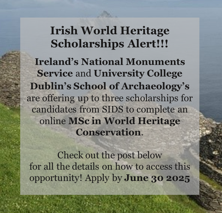 Ireland's Office for the Caribbean (@irlincaribbean) on Twitter photo <a href="/NationalMons/">National Monuments Service</a> World Heritage Scholarship Programme is offering up to three candidates from #SIDS who are passionate about cultural heritage, archaeology, & conservation the opportunity to complete an online MSc in World Heritage Conservation <a href="/ucddublin/">University College Dublin</a>
📝tinyurl.com/heritageschola… <a href="/NationalMons/">National Monuments Service</a> World Heritage Scholarship Programme is offering up to three candidates from #SIDS who are passionate about cultural heritage, archaeology, & conservation the opportunity to complete an online MSc in World Heritage Conservation <a href="/ucddublin/">University College Dublin</a>
📝tinyurl.com/heritageschola…