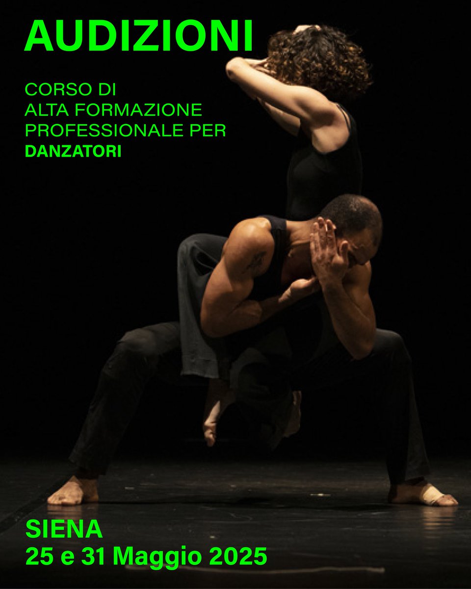 Siena - 25 e 31 Maggio 2025
AUDIZIONI
per ammissione al Corso di Alta Formazione Professionale per Danzatori per un eventuale inserimento nella Compagnia MOTUS
Saranno assegnate borse di studio totali o parziali!
Scadenza invio candidature: 22 Maggio
Info: motusdanza.it/it/prossime-au…