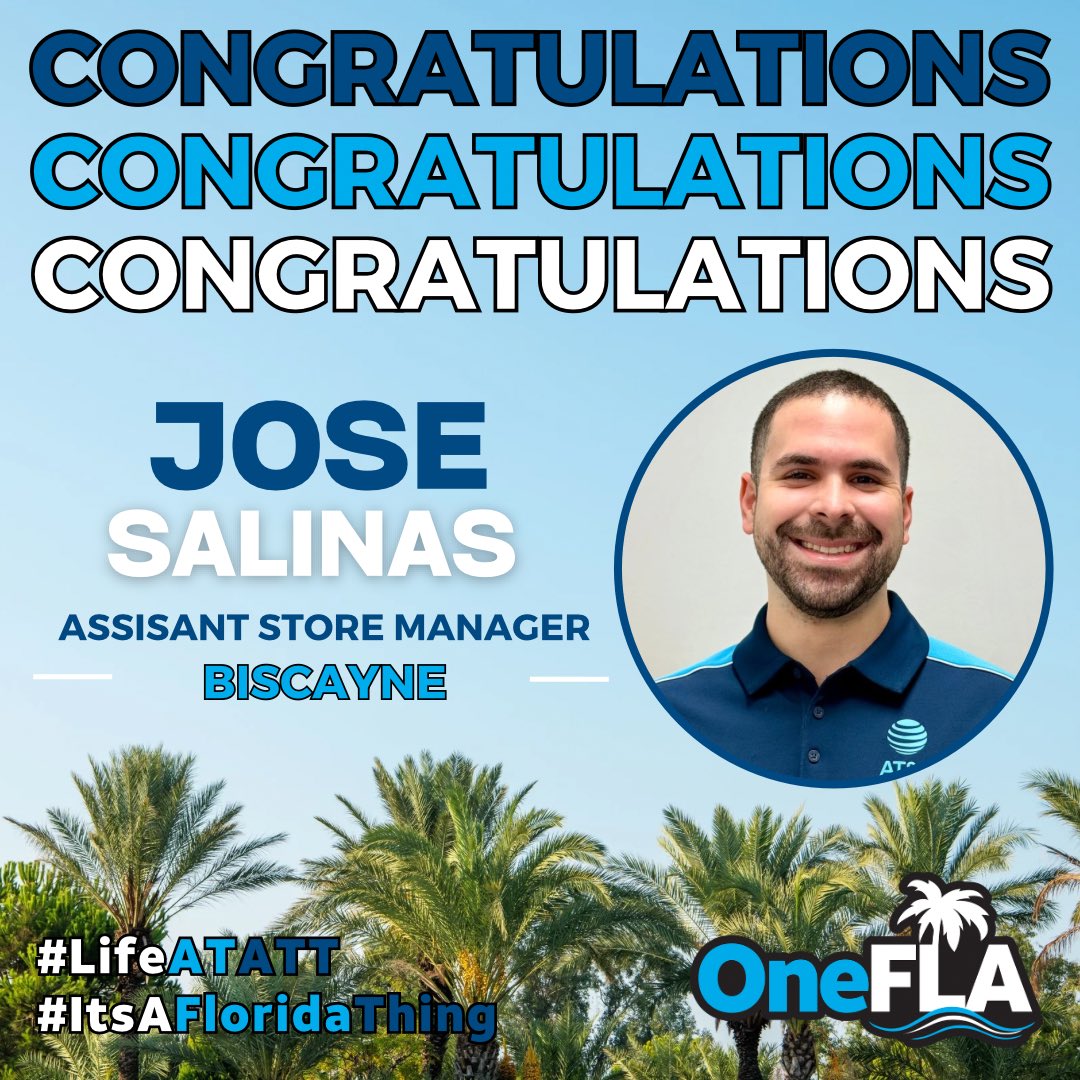 🎉🎉 Join us in congratulating Jose Salinas recently promoted Assistant Store Manager of the Biscayne location in the Miami, FL! Congratulations Jose- So proud of you! #OneFLA 😎🌴#LifeAtATT #ItsAFloridaThing