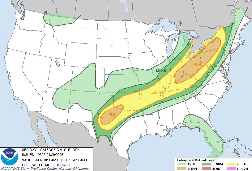 7:39am CDT #SPC Day1 Outlook Enhanced Risk: from parts of west TX into southwest OK, and from the OH Valley into the Lower Great Lakes spc.noaa.gov/products/outlo…