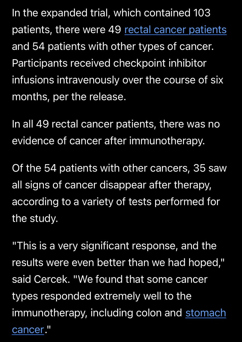 🇺🇸 FOX: Sloan Kettering is testing a non-invasive cancer treatment; an immunotherapy that reduces the size of tumors without the need for surgery or chemotherapy. In one study, 49/49 rectal cancer patients showed no evidence of cancer after treatment. Called “groundbreaking”.