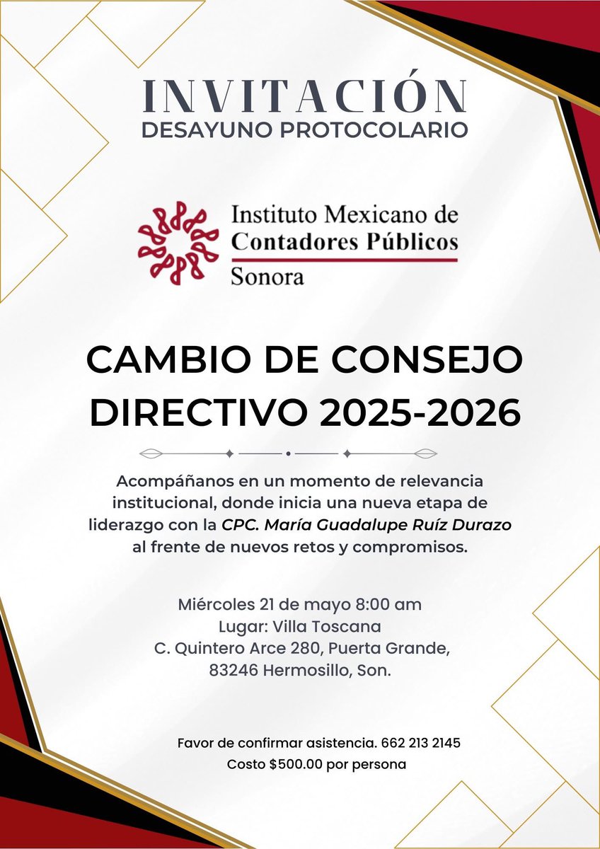 ⭕El #CCPS tiene el honor de invitar a sus asociad@s, al Desayuno Protocolario por el Cambio de Consejo Directivo 2025-2026, un momento de gran relevancia institucional en el que se dará paso a una nueva etapa de liderazgo <a href="/AlfonsoDurazo/">Alfonso Durazo</a> <a href="/tonoastiazaran/">Antonio Astiazarán</a> <a href="/SonoraIsaf/">Instituto Superior de Auditoría y Fiscalización</a> <a href="/Setur_son/">Secretaría de Economía y Turismo Sonora</a>