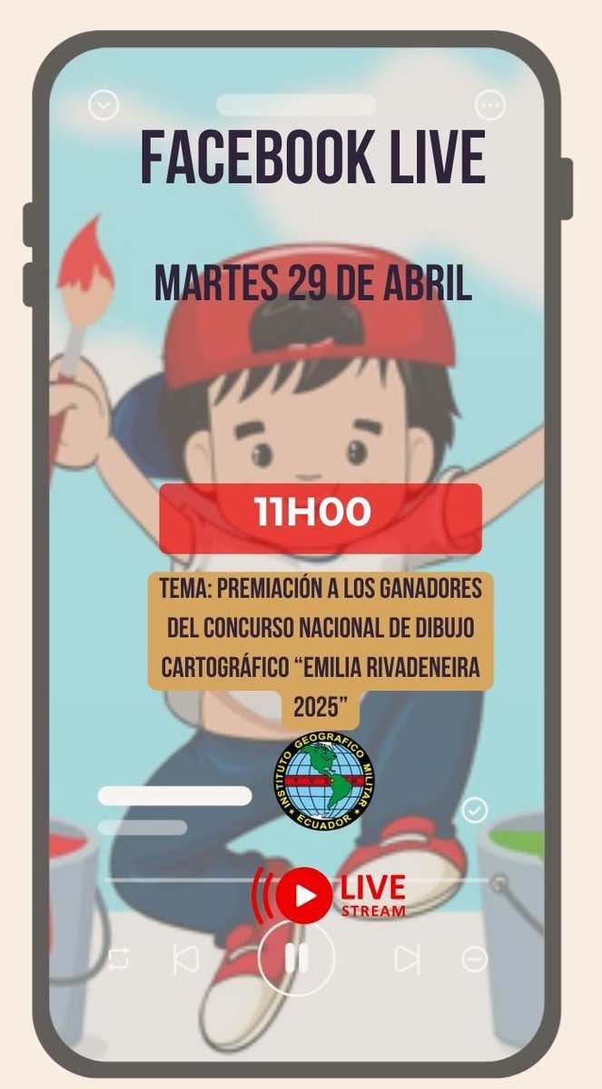 IGM_Ecuador's tweet photo. El @IGM_Ecuador premiará a los ganadores del Concurso Nacional de Dibujo Cartográfico Emilia Rivadeneira 2025
🕚 Hora: 11h00
📍 Lugar: Planetario del IGM
🔴 Transmisión en vivo por Facebook Live
¡Acompáñanos en esta celebración llena de creatividad, talento y mucha emoción! 🎨🌍 https://t.co/GgbCVH2c5n