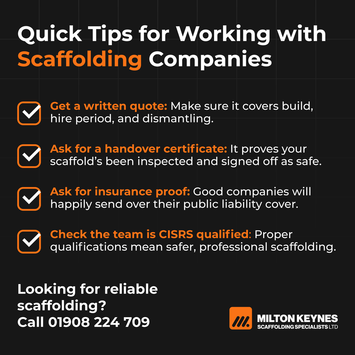 MKScaffolding's tweet photo. Working with a scaffolding company?
Here are 4 quick tips to keep things safe, clear, and professional 👇
✅ Written quote
✅ Handover certificate
✅ Insurance proof
✅ CISRS-qualified team
📞 Call us: 01908 224 709
#Scaffolding #UKConstruction #SiteSafety #MiltonKeynes https://t.co/EKU039Acpl