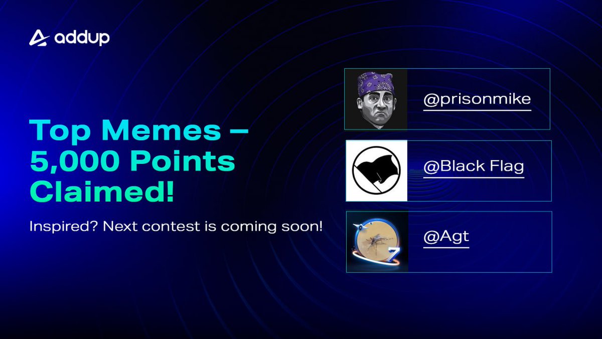 Idsammy24's tweet image. Congratulations to 
🥇 @chris_kingsss
🥈 @dcomarchive
🥉 @Agtaja
for becoming the Meme Masters 🎭 of AddUp

Thank you guys for making all of us at AddUp community laugh. Top 3 Looks good on ya!!

#MemeContest #Winners #Addup #Crypto #Web3
@AddUp_Exchange @Supertrade_com