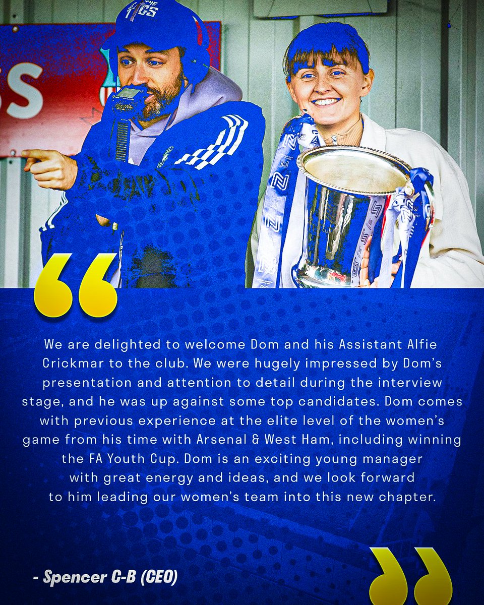 We're delighted to announce Dom Edwards as our Women's 1st Team Manager. Here's a quote from our new gaffer &amp; our CEO. Exciting times, let's give Dom a big Hashtag welcome! Planning for next season starts now! You can invest in our future too, link in bio for fan ownership.💛💙