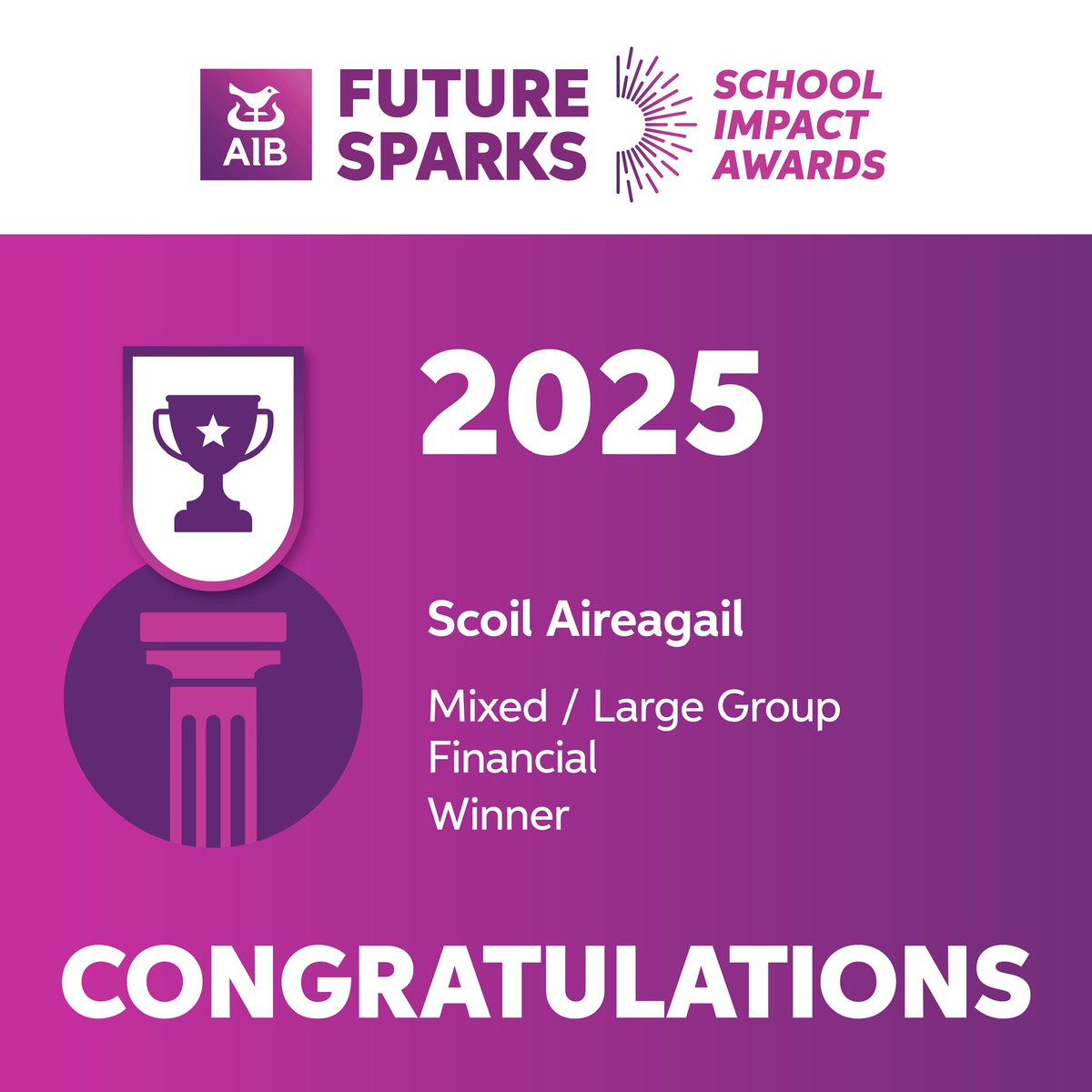 AIB (@aibireland) on Twitter photo Congratulations to <a href="/Scoil_Aireagail/">Scoil Aireagail</a>, winners of the Mixed/Large Group Financial Category of the 2025 AIB Future Sparks School Impact Awards! Congratulations to <a href="/Scoil_Aireagail/">Scoil Aireagail</a>, winners of the Mixed/Large Group Financial Category of the 2025 AIB Future Sparks School Impact Awards!