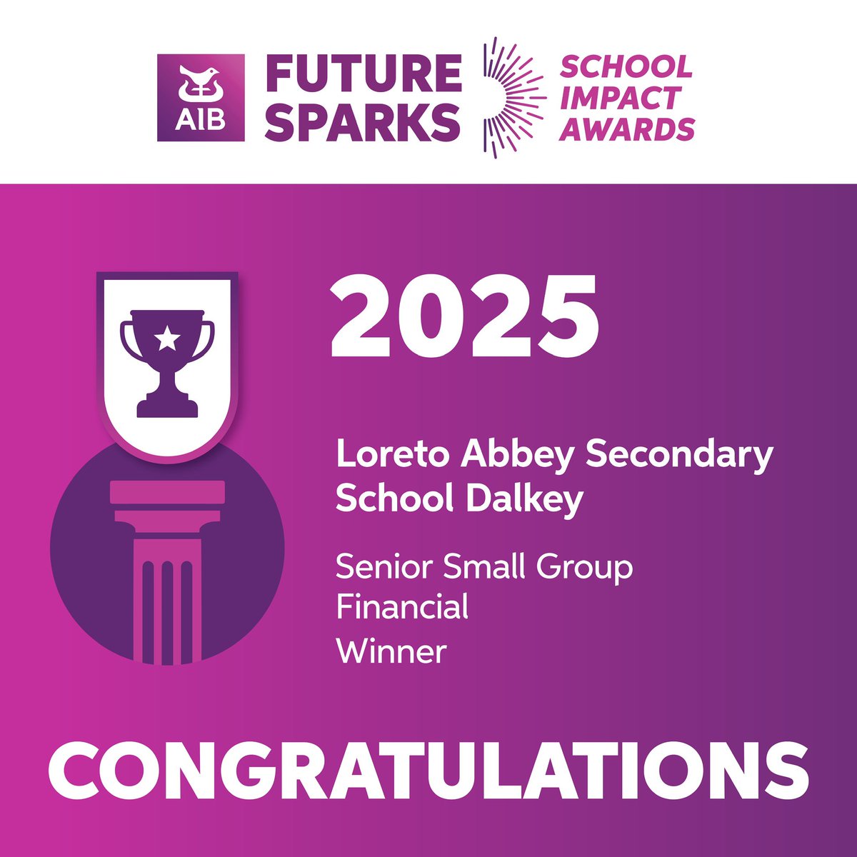 AIB (@aibireland) on Twitter photo Congratulations to <a href="/LoretoAbbey_/">Loreto Abbey Secondary School, Dalkey</a>, winners of the Senior Small Group Financial Category of the 2025 AIB Future Sparks School Impact Awards! Congratulations to <a href="/LoretoAbbey_/">Loreto Abbey Secondary School, Dalkey</a>, winners of the Senior Small Group Financial Category of the 2025 AIB Future Sparks School Impact Awards!
