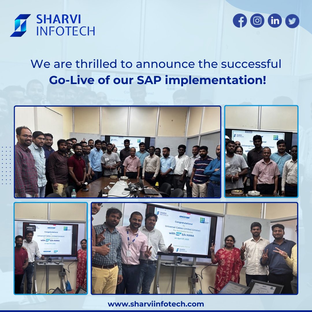 SharviInfotech's tweet photo. We’re thrilled to announce the successful Go-Live of our SAP implementation! 🚀
A major leap in our digital transformation—boosting efficiency, streamlining processes &amp; enabling real-time insights.
Huge thanks to our amazing team &amp; partners! #SharviInfotech #UCLGoa #GoLive https://t.co/kOoOCZboCC