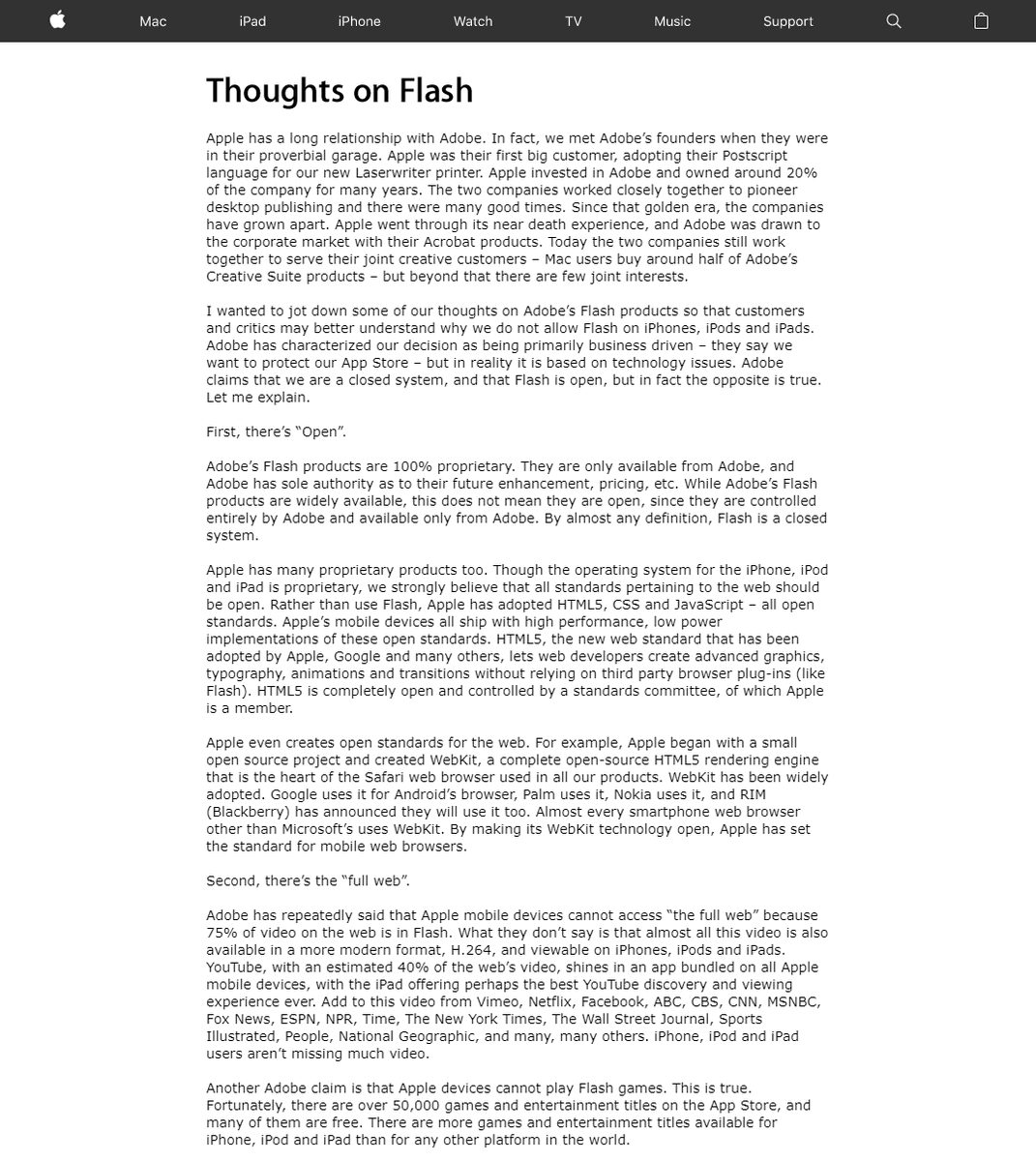 On 29 April, 2010, Steve Jobs penned a controversial open letter titled “Thoughts on Flash” while he was CEO of Apple, criticizing Adobe Flash and outlining why it would not be permitted on Apple’s iOS hardware.

#WebDesignHistory