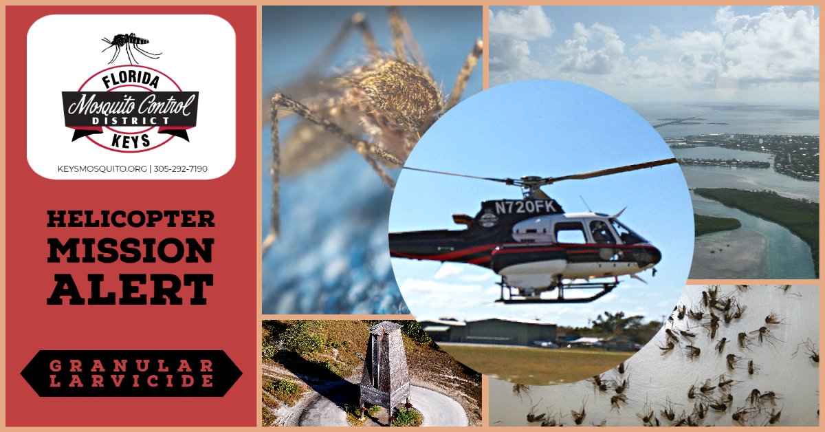 *TUESDAY AERIAL SCHEDULE*
FKMCD is applying GRANULAR LARVICIDE Tuesday, 4/29/25, between 9:00 a.m. &amp; 2:00 p.m. Over: NAS Key West, Sugarloaf, Big Torch, No Name Keys.  
The FKMCD helicopter is dispersing granular Bti, a soil bacteria/larvicide that only affects mosquito larvae.