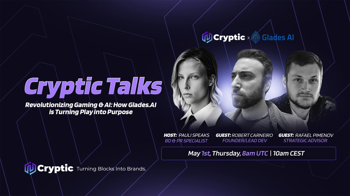 Cryptic_Web3's tweet image. 🎙️ Cryptic Talks with @GladesAI! 🎙

Revolutionizing Gaming &amp;amp; AI: How Glades AI is Turning Play into Purpose

🗓 Date: Thursday, May 1st
⏰ Time: 08:00 AM UTC / 10:00 AM CEST
Host: @pauli_speaks, BD &amp;amp; PR Specialist at Cryptic

Guests: 
➖️@Jew_Yorkorican, Founder &amp;amp; Lead Dev…