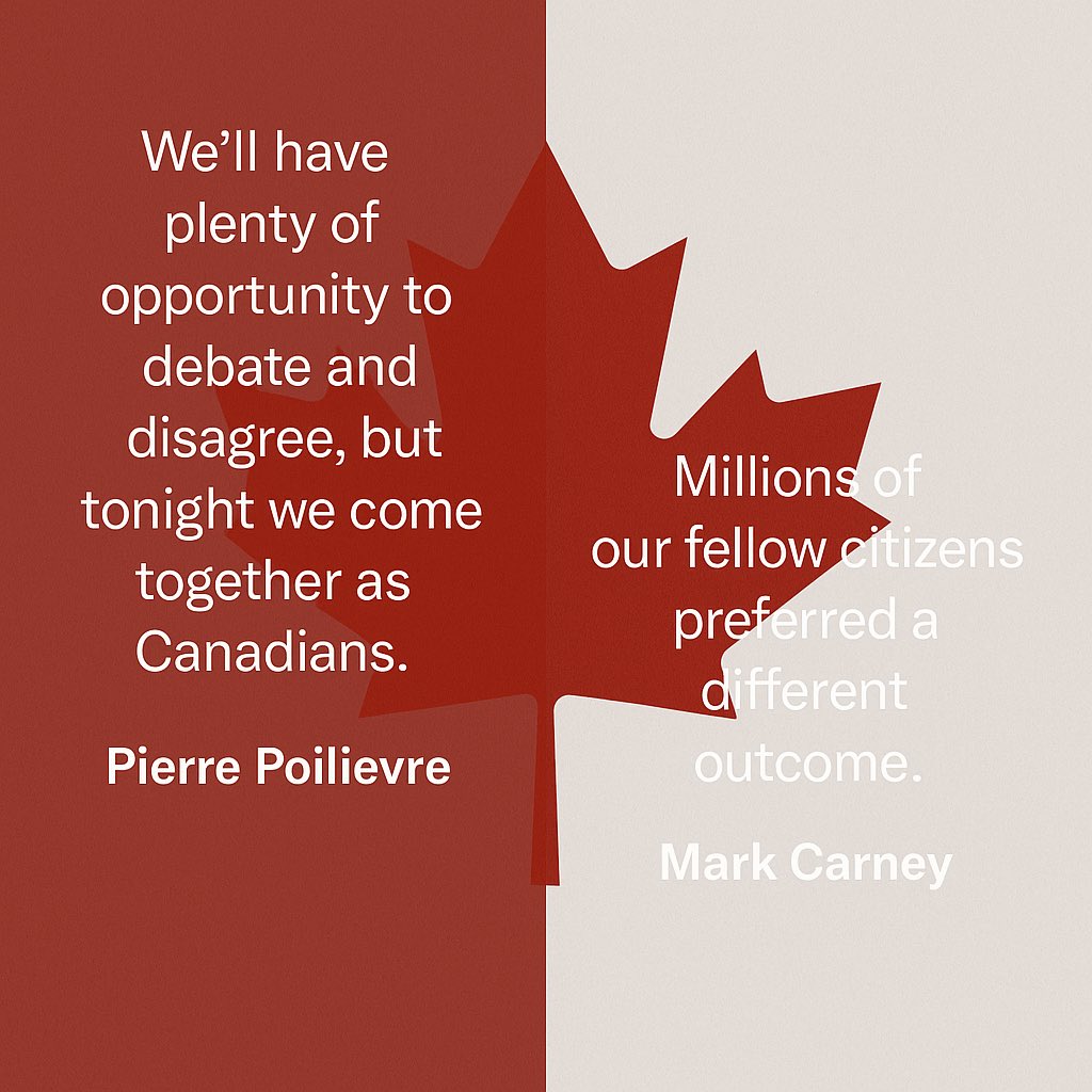 dmdrep's tweet image. Election didn’t go the way I hoped… but I respect it.
Poilievre: “We come together as Canadians.” Carney: “Millions preferred a different outcome.”
Two leaders. One message: Democracy matters.
Let’s hold gov’t accountable and support each other! THATS CANADIAN!

#proudcanadian