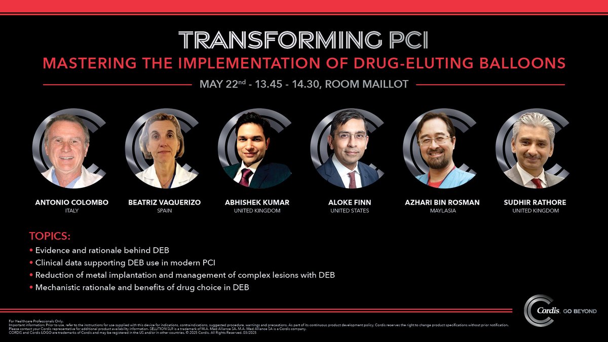 PCRonline 🫀 (@pcronline) on Twitter photo 🚨The countdown is on! <a href="/Cordis_emea/">Cordis International</a> will present a high-impact symposium at #EuroPCR 2025, where science meets strategy in modern PCI: “Transforming PCI: Mastering the Implementation of Drug-Eluting Balloons”.
🗓️Thursday, 22 May at 13:45 in Room Maillot
With renowned global 🚨The countdown is on! <a href="/Cordis_emea/">Cordis International</a> will present a high-impact symposium at #EuroPCR 2025, where science meets strategy in modern PCI: “Transforming PCI: Mastering the Implementation of Drug-Eluting Balloons”.
🗓️Thursday, 22 May at 13:45 in Room Maillot
With renowned global