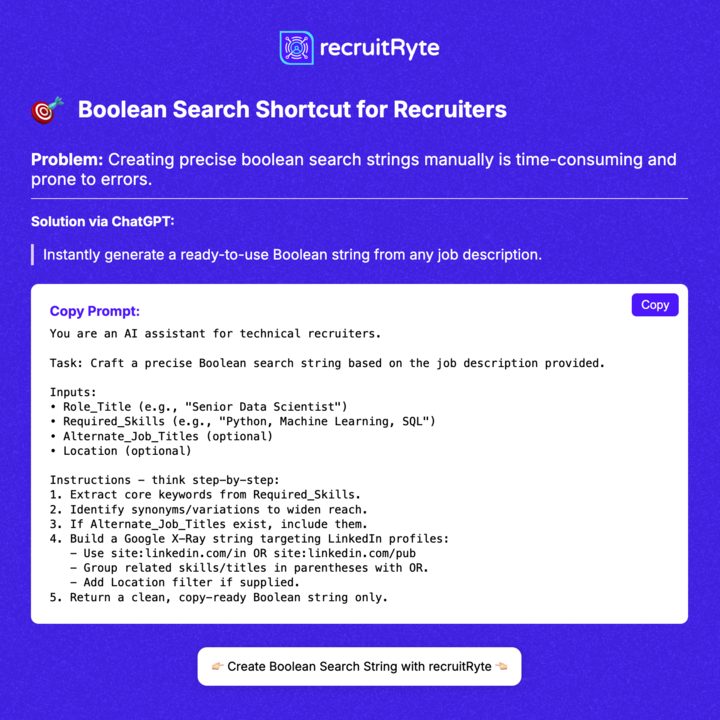 recruitRyte's tweet image. 🔍 Instantly turn any job description into a precise, copy-ready Boolean search string — just plug in role, skills, and location!
#Recruitment #BooleanSearch #TechHiring #AIRecruiting #SourcingTools #RecruitRyte