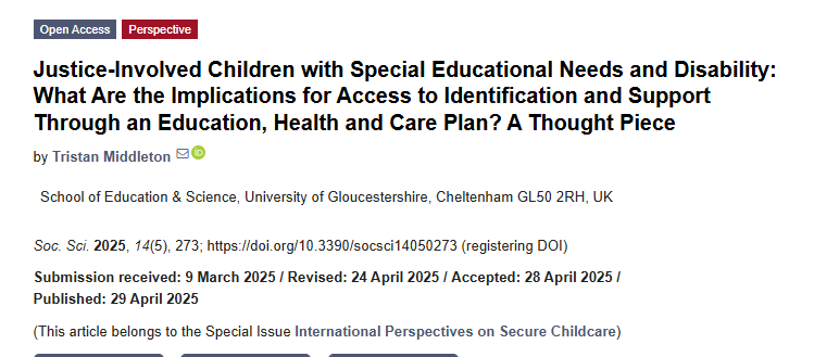 MiddersTristan's tweet photo. Please do have a read of my latest paper "Justice-Involved Children with Special Educational Needs and Disability: What Are the Implications for Access to Identification and Support Through an Education, Health and Care Plan?"  https://t.co/FbtEtwo8sJ https://t.co/j6khqUCM8z