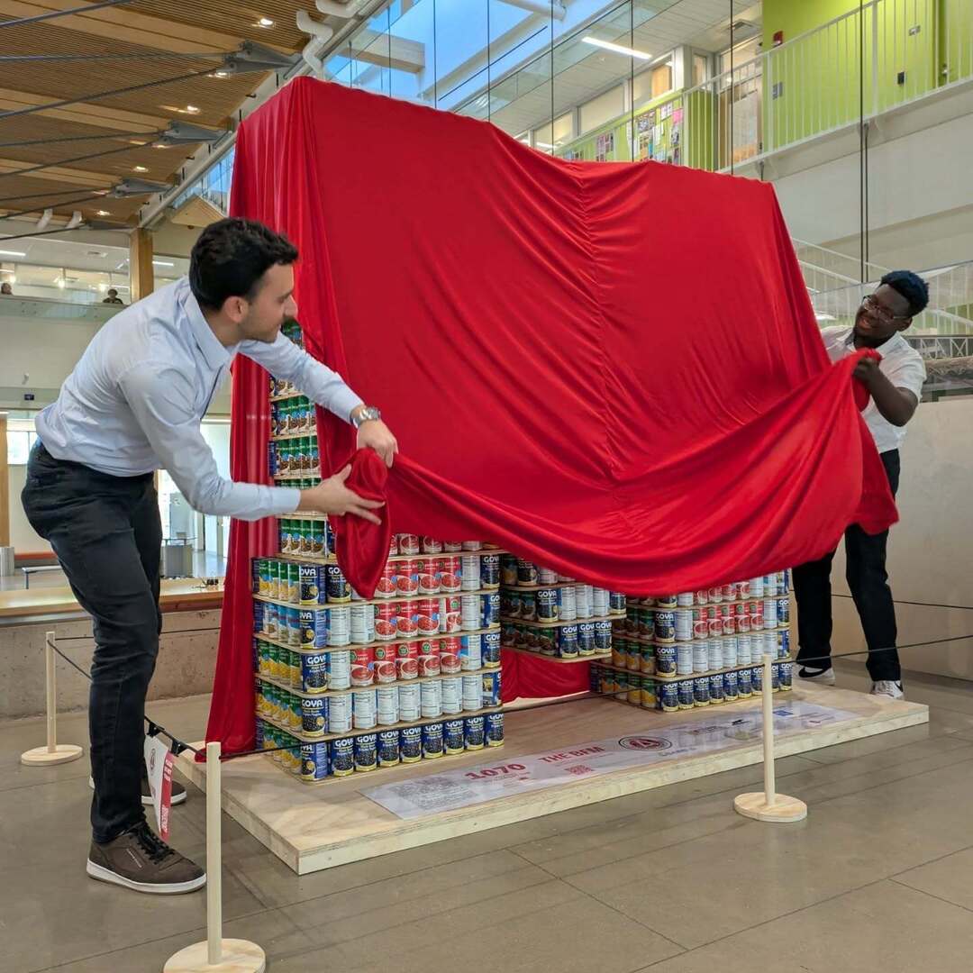 Yesterday was the big reveal for the @umassagc #CANSTRUCTION project. So cool! The #UMass M looks great and all the canned food will be donated soon. Well done, team AGC!