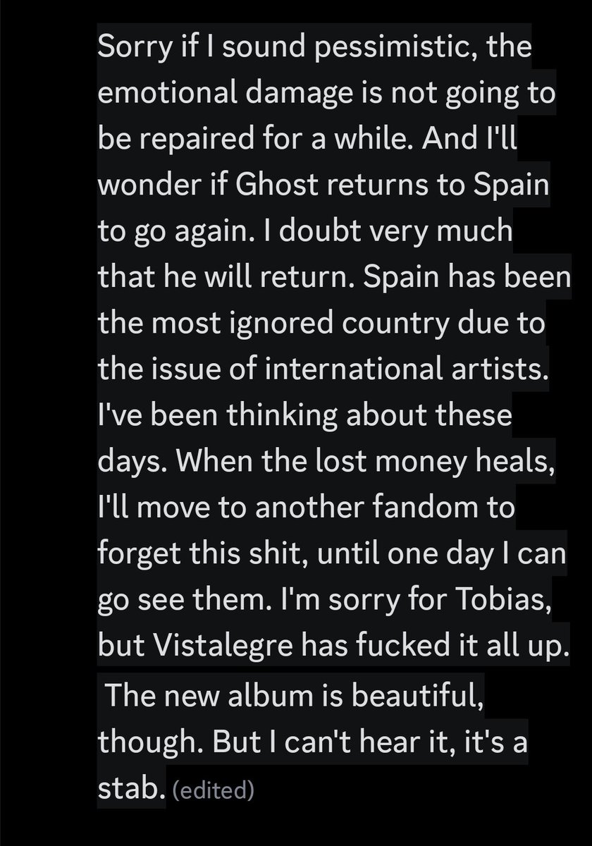 syra_mfs's tweet photo. My thoughts after Madrid's issue.
I am not leaving fandom or my love for Ghost but the damage will take months to be healed. 

Fuck you Vistalegre. https://t.co/OUIniNbIpK
