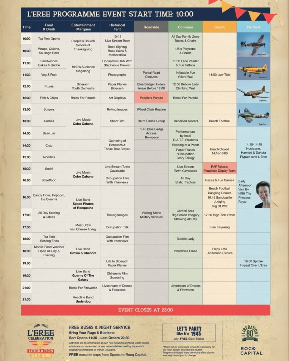 Here’s the official programme of events for the L’Eree celebration! 🇬🇬
 
The full day of free entertainment runs from 10am to 11pm, offering something for all generations. 
 
Which bit are you most excited for? 🙌
 
#LibDay80 #IslandEvents