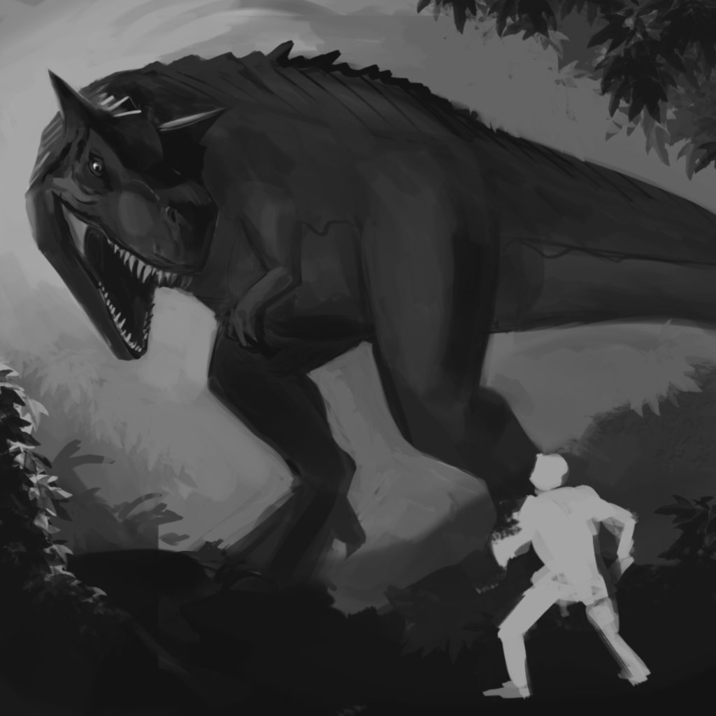 It's been a while since I posted an illustration I've done. Here's Regina from Dino Crisis hiding from a Carnotaurus. #DinosaurArt  #dinocrisis #dinosaur