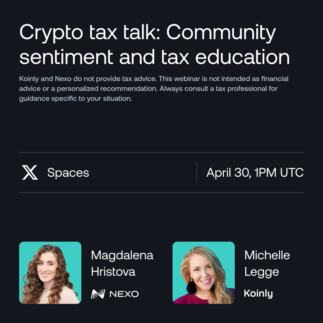 Crypto taxes covered. @HristovaMagy and @MichelleLegge_ from  @KoinlyOfficial are talking crypto taxation over 𝕏 Spaces tomorrow at  13:00 UTC. Set a reminder: https://t.co/5jCSzQ1G8Y