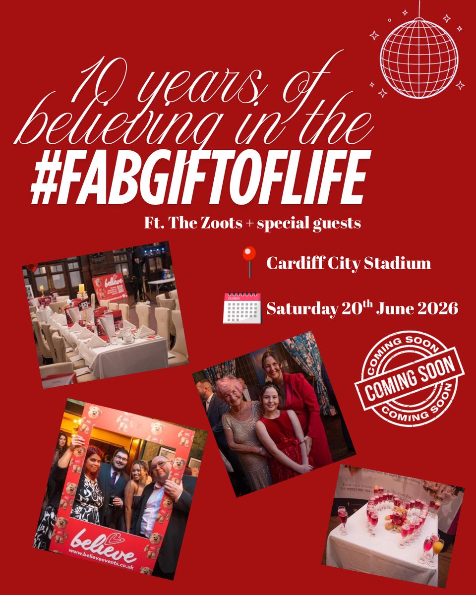 Save the date!📆

We’re celebrating 10 years of believing in the #FABGIFTOFLIFE with Believe Organ Donor Support.❤️

Join us at Cardiff City Stadium on 20 June 2026 — live music from The Zoots + special guests!💥

More details coming soon…✨

 #BelieveOrganDonation